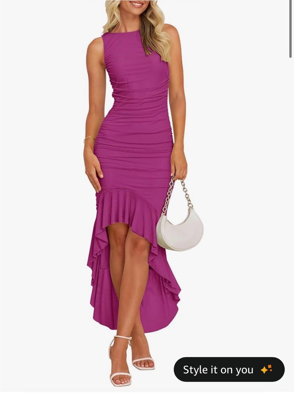 Sleeveless Ruched High-Low Dress in Magenta